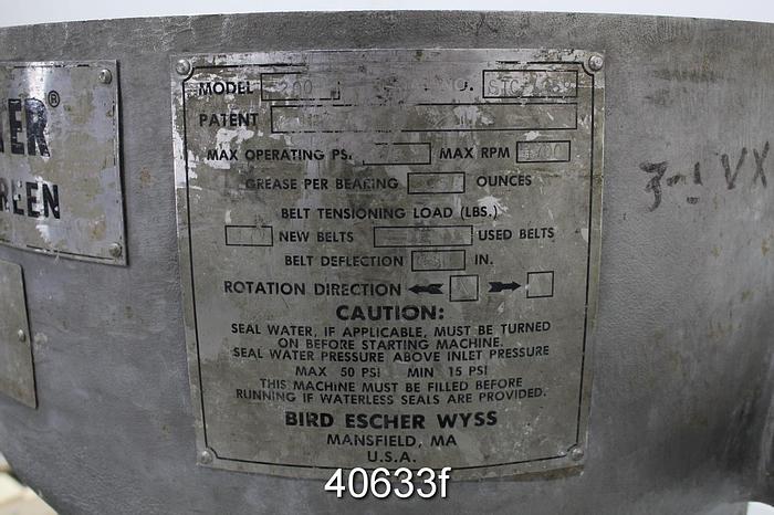 Used Bird 200 Pressure Screen, Stainless Steel #40633