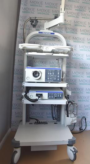 Used Olympus CV-190 Evis Exera III Video System, CLV-190 Xenon Light Source, Monitor and Keyboard with Mobile Endoscopic Workstation