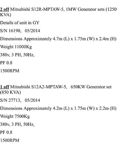 Mitsubishi S12R-MPTAW new generator sets