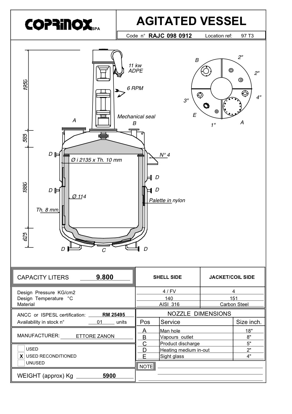Usato Reattore ETTORE ZANON da 9800 Litri
