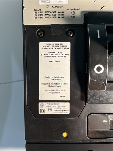 Used MHL3645025DC3903 Square D MHL 450A Circuit Breaker UNDERVOLTAGE & AUXILIARY