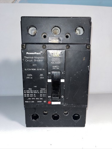 Used SQUARE D KDL32225 225 amp 240 volt 3 pole 25kA Circuit Breaker