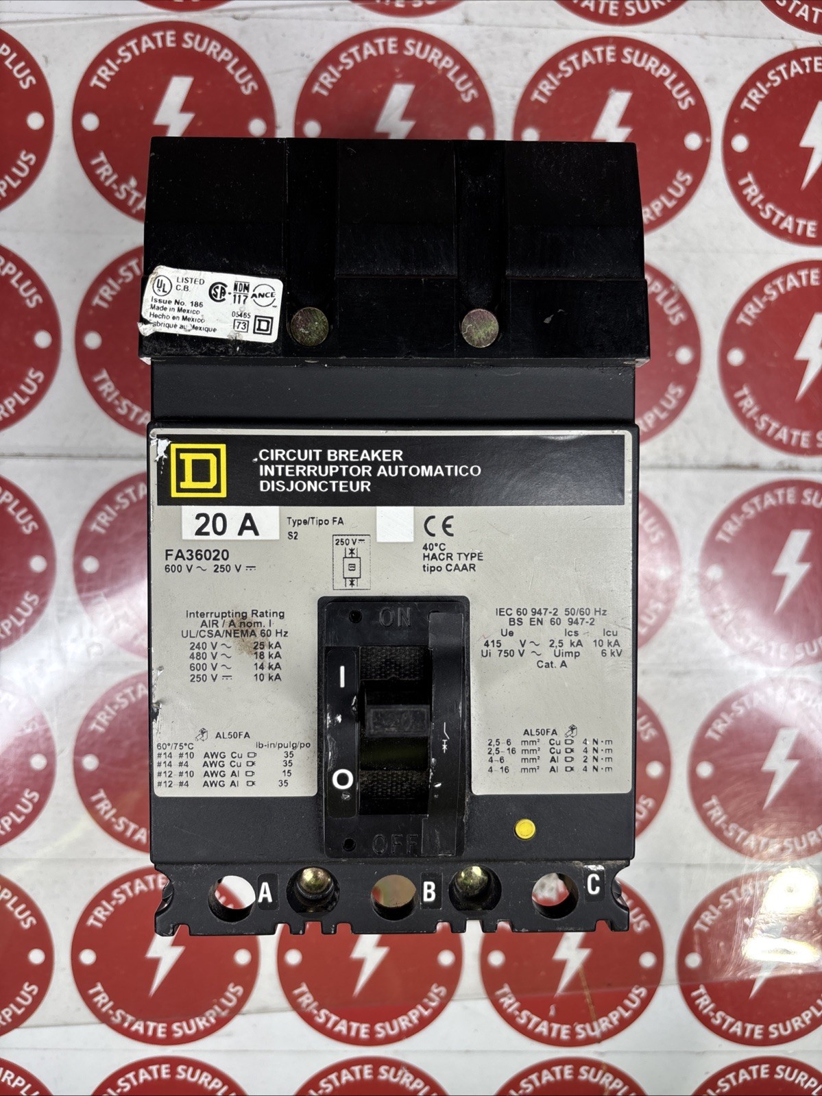 Used Square D FA36020 Thermal-Magnetic Circuit Breaker 20A 3-Pole 600V 🔴🔴