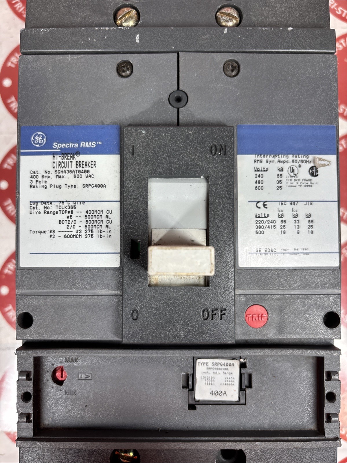 Used General Electric SGHA36AT0400 Circuit Breaker 3-Pole 400A RATING PLUG 600V AC 🔴