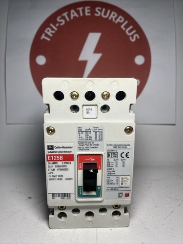 Used Eaton Cuttler Hammer HE125B EGB3015FFG Circuit Breaker 3 Pole 15 Amps 480VAC