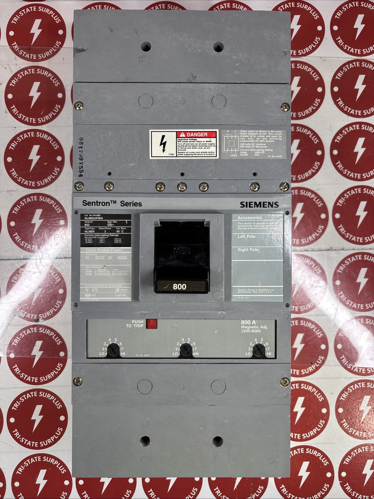 Used Siemens Circuit Breaker HLMD63F800 800 Amp 600 Volt 3 Pole W/800 Amp Trip
