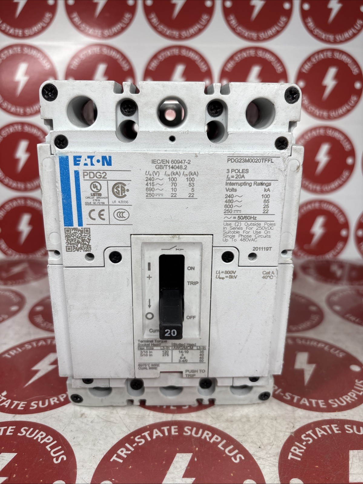 Used Eaton 20 Amp Circuit Breaker 600 VAC / 250 VDC 3 Pole  PDG23M0020TFFL 🔴🔴🔴