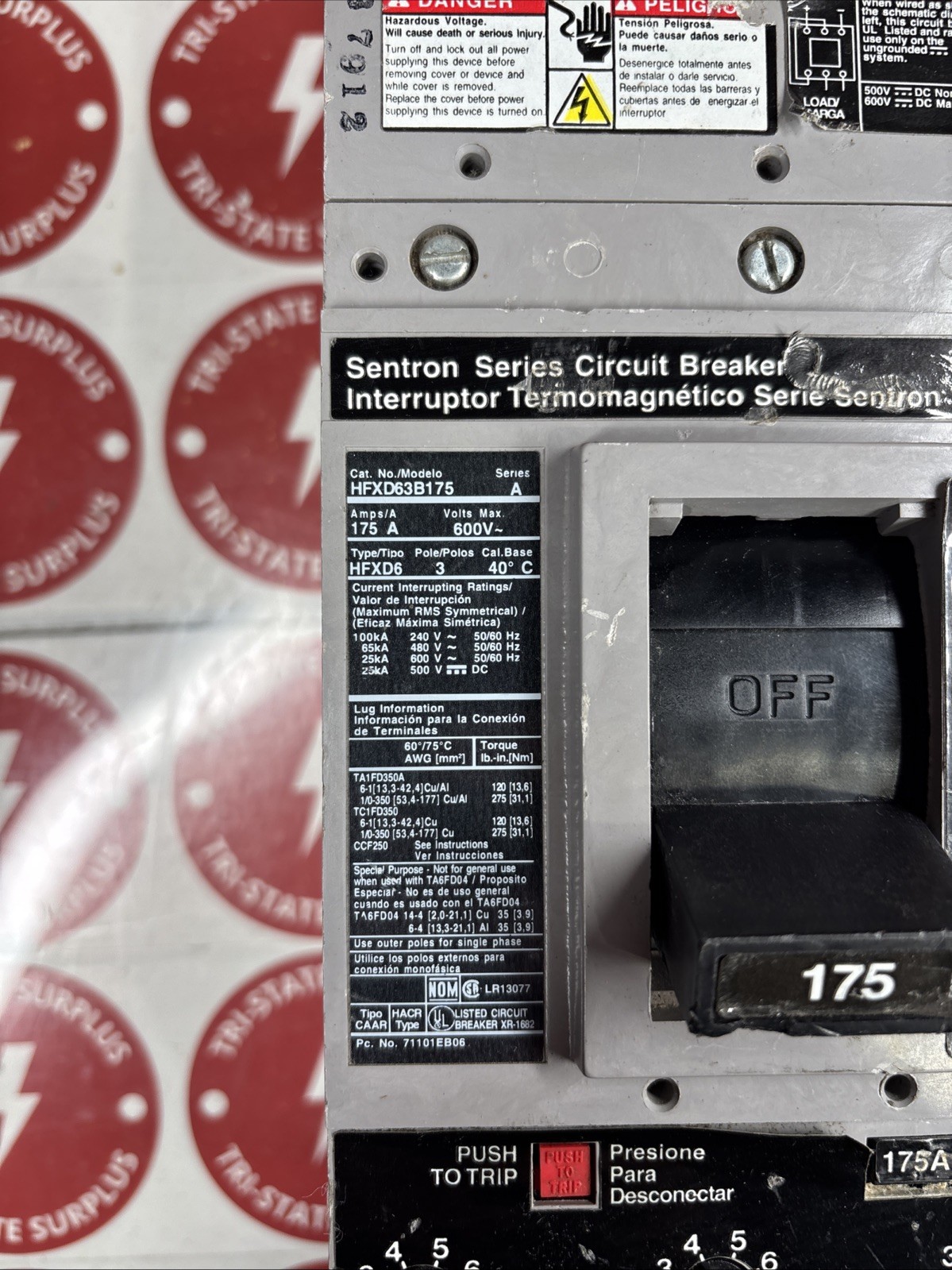 Used Siemens HFXD6 3 pole 175 amp 600v HFXD63B175 Sentron Circuit Breaker HFXD 🔴