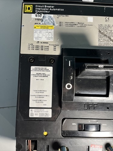 Used MHL3645025DC3903 Square D MHL 450A Circuit Breaker UNDERVOLTAGE & AUXILIARY