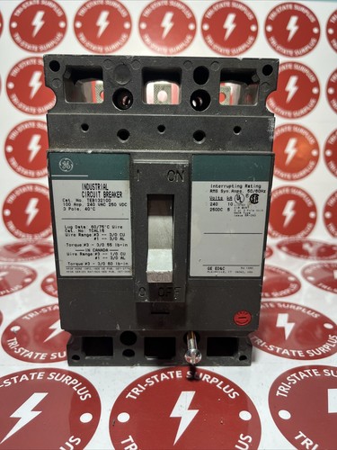 Used GE TEB132100, 100 Amp, 240 Volt, 3 Pole, Green, Circuit Breaker
