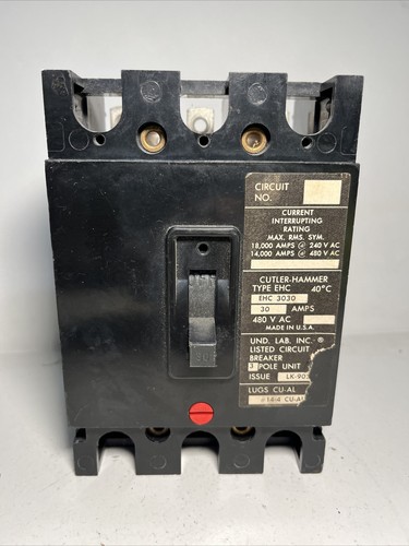 Used CUTLER HAMMER EHC3030 30 AMP BOLT-ON CIRCUIT BREAKER 3 POLE 480 VAC