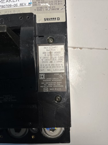 Used SQUARE D LHL363501294 U 350A 600V 3 USED 48Vdc UVR + 1A/1B Aux Swit