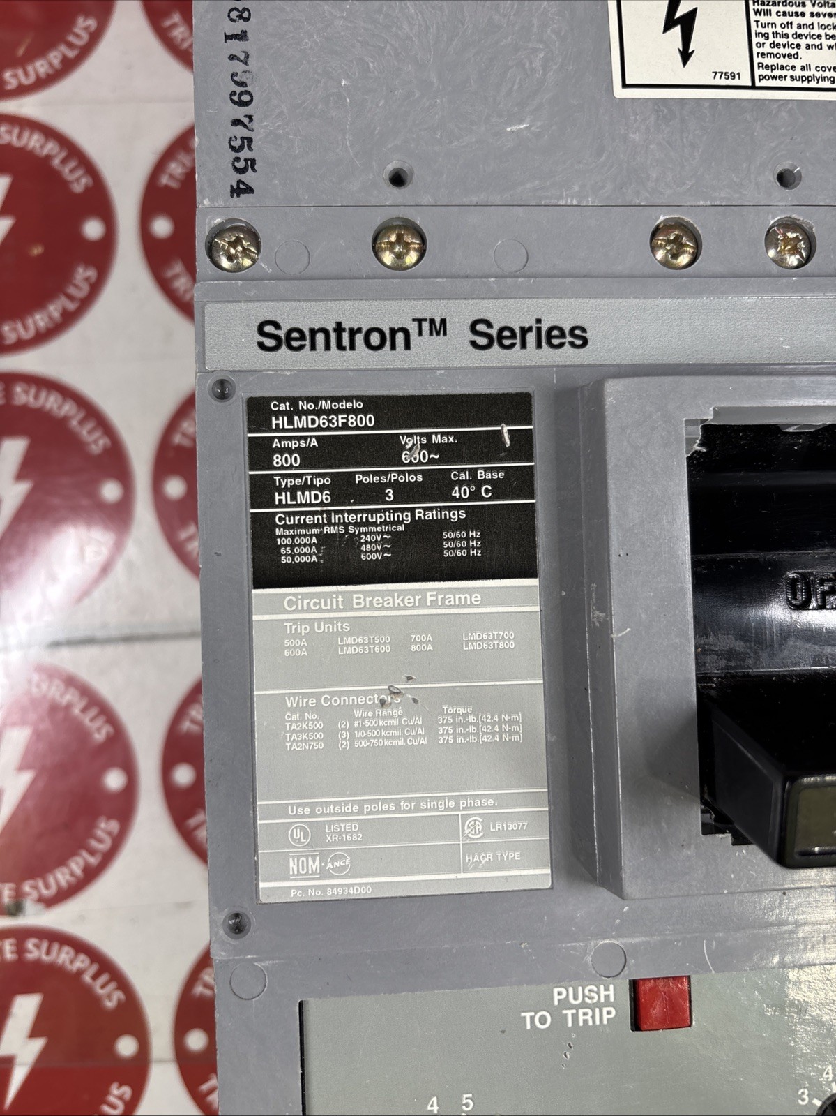 Used Siemens Circuit Breaker HLMD63F800 800 Amp 600 Volt 3 Pole W/800 Amp Trip
