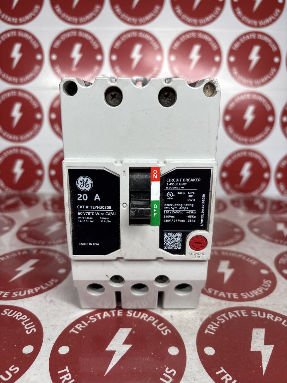 Used GE 20 Amp Bolt-On Circuit Breaker 3 Pole 480Y/277 VAC 65kA TEYH3020B 🔴🔴🔴