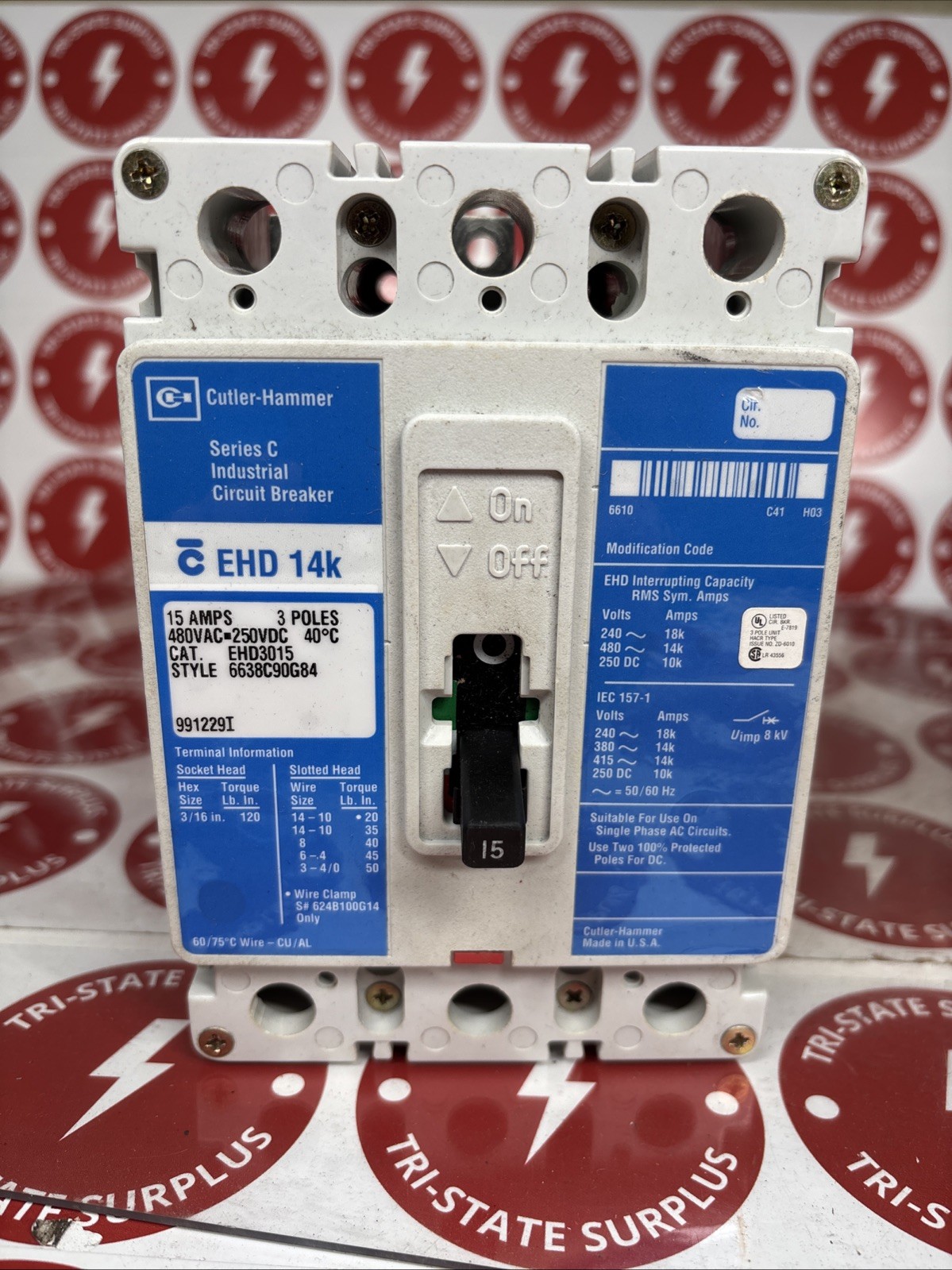 Used EATON Series C  EHD3015  INDUSTRIAL  15A, 3 POLE  BREAKER 480VA 🔴🔴