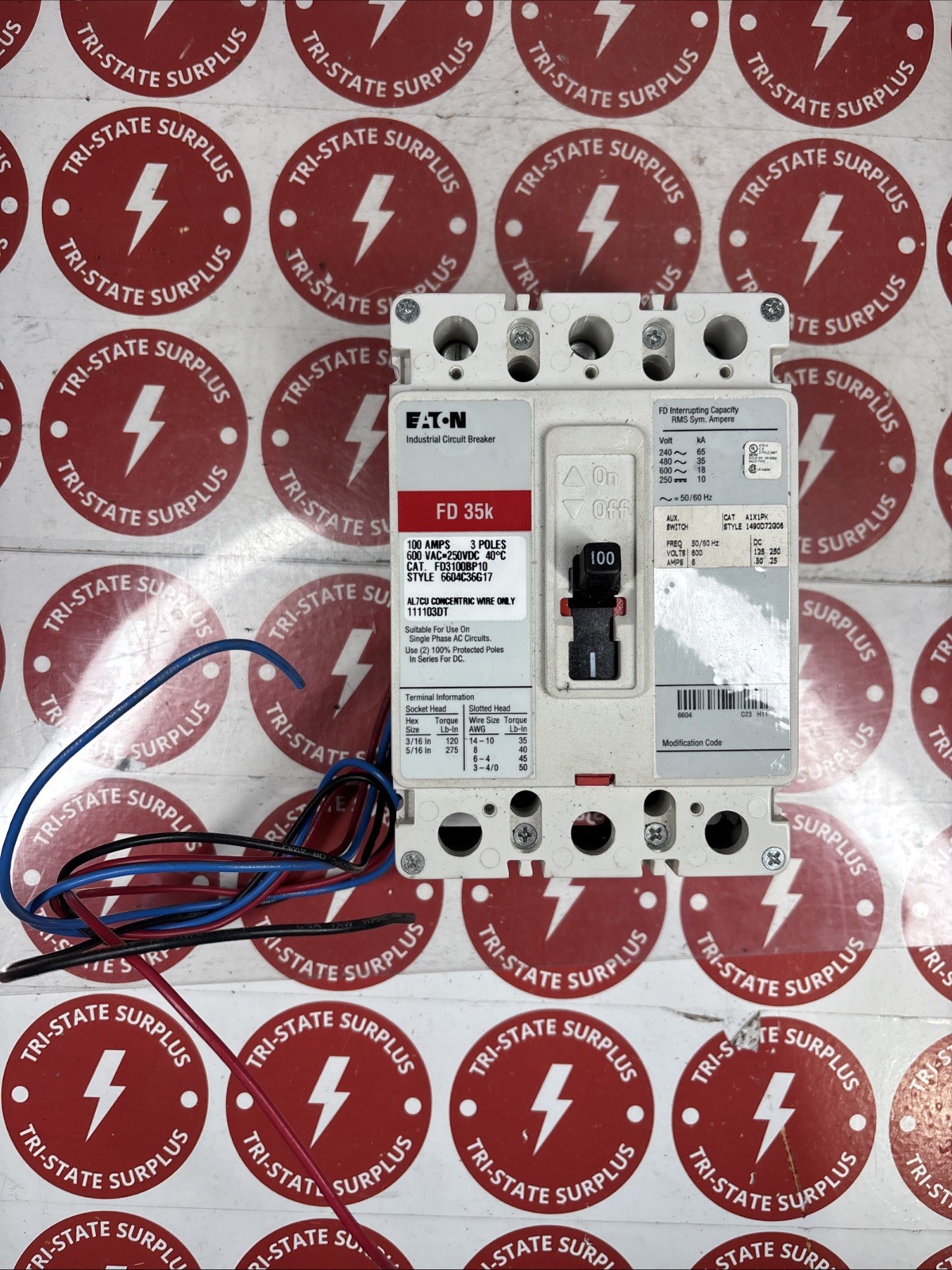 Used Eaton 100 Amp Industrial Circuit Breaker 3P 600 VAC / 250 VDC FD3100BP10 SHUNT