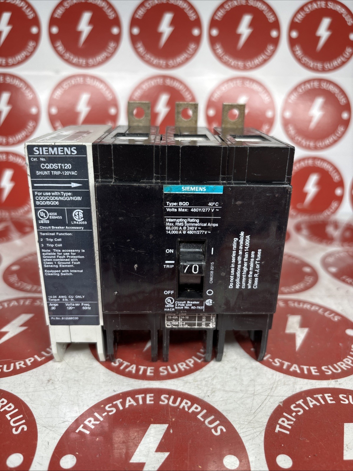 Used Siemens BQD370 3 Pole 70A 480Y/277V 240V CIRCUIT BREAKER  SHUNT  CQDST120 🔴