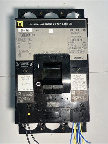 Used Square D LHL363501290 LHL 3 PH 600 V 350 A Circuit breaker w/ LA11289 & LA11028