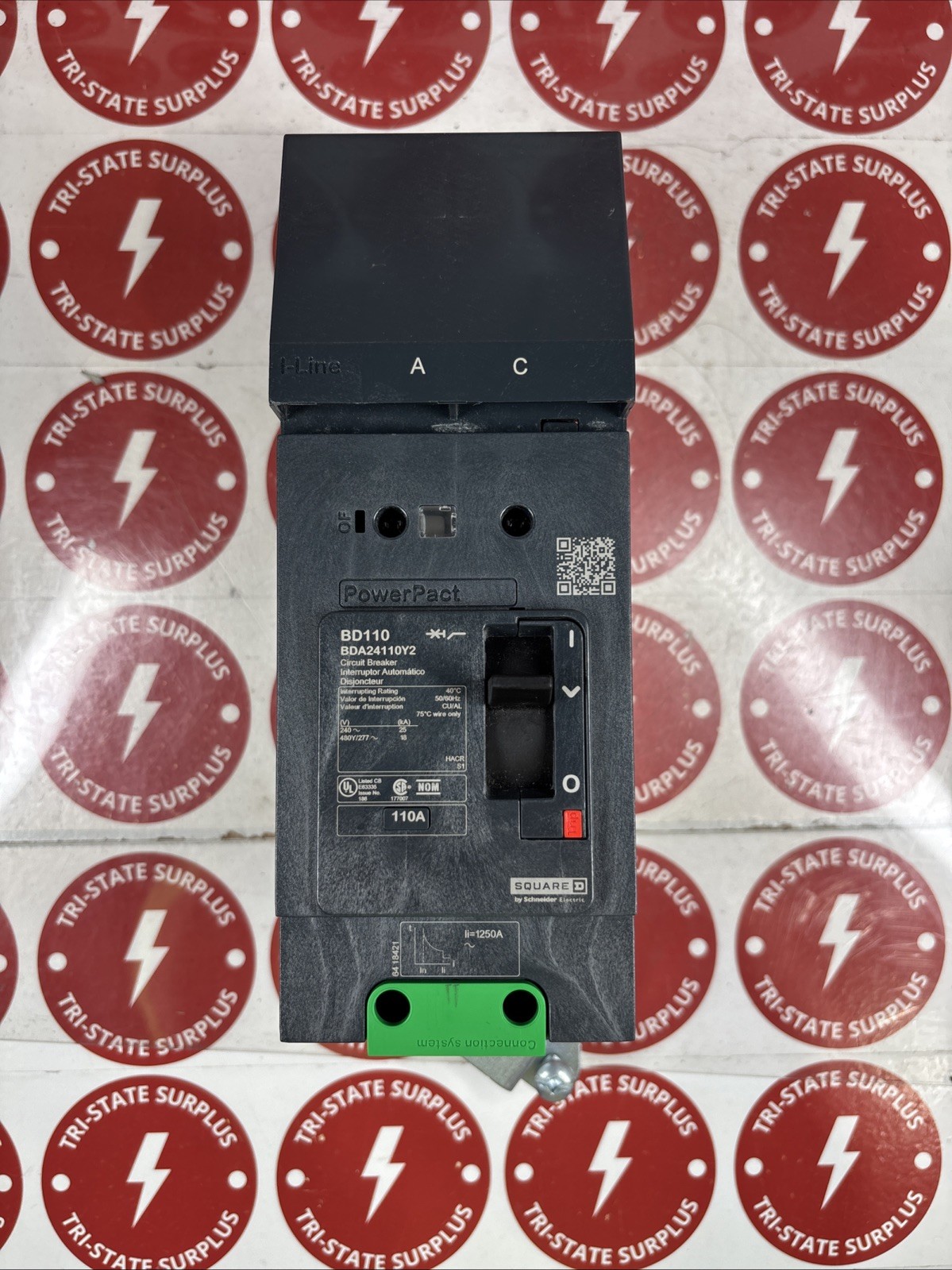 Used Schneider BDA24110Y2 PowerPacT Circuit Breaker, 110 Amp, 2 Pole, 18kA @ 480/277V