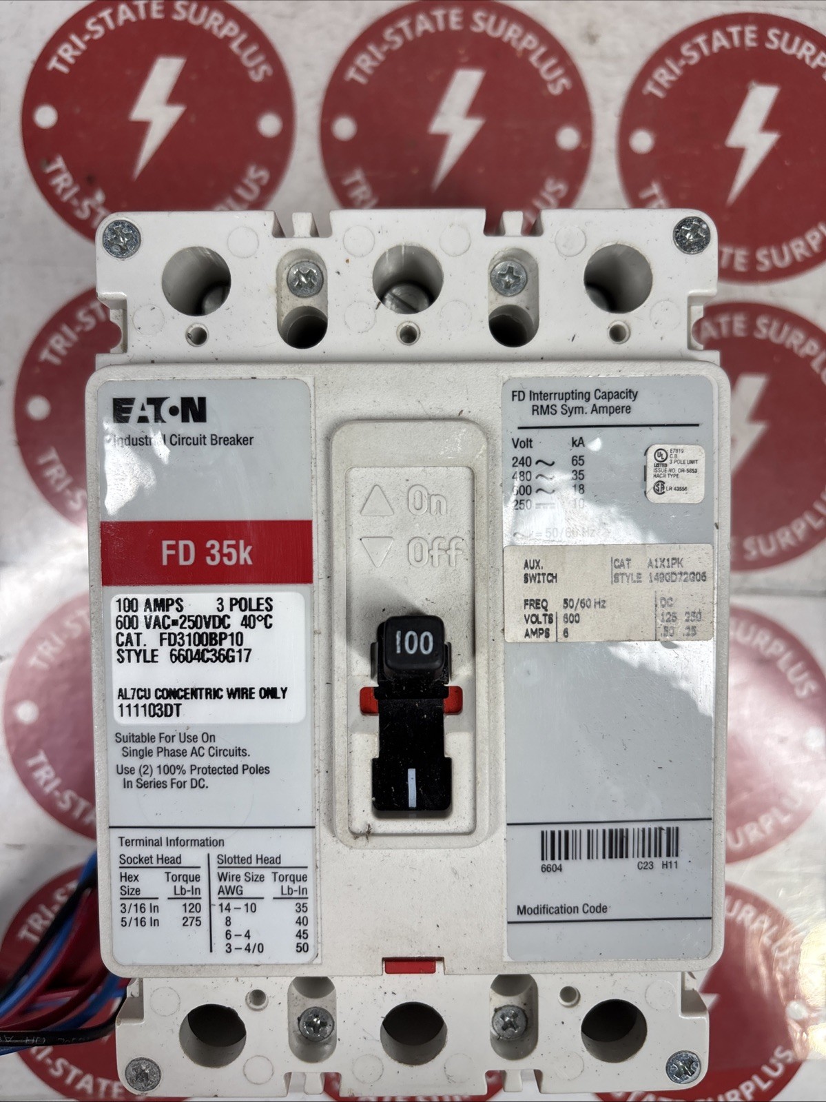 Used Eaton 100 Amp Industrial Circuit Breaker 3P 600 VAC / 250 VDC FD3100BP10 SHUNT