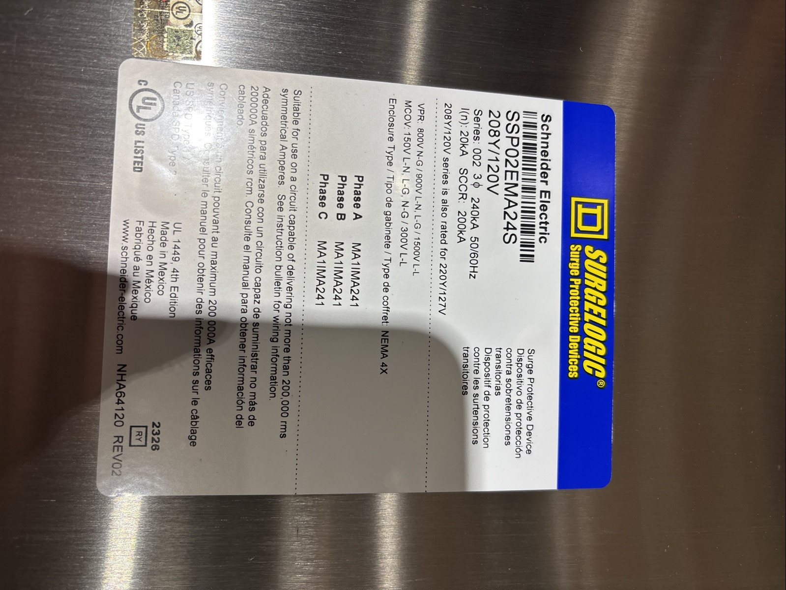 SQUARE D SSP02EMA24S Surge Protective Device 208Y/120V 3 Phase Series NIB 🔴🔴