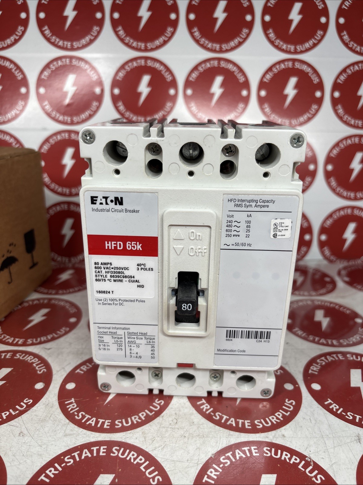 NEW Eaton HFD3080L HFD3080 80 Amp 600 VAC 3 Pole Type HFD 65K Circuit Breaker 🔴