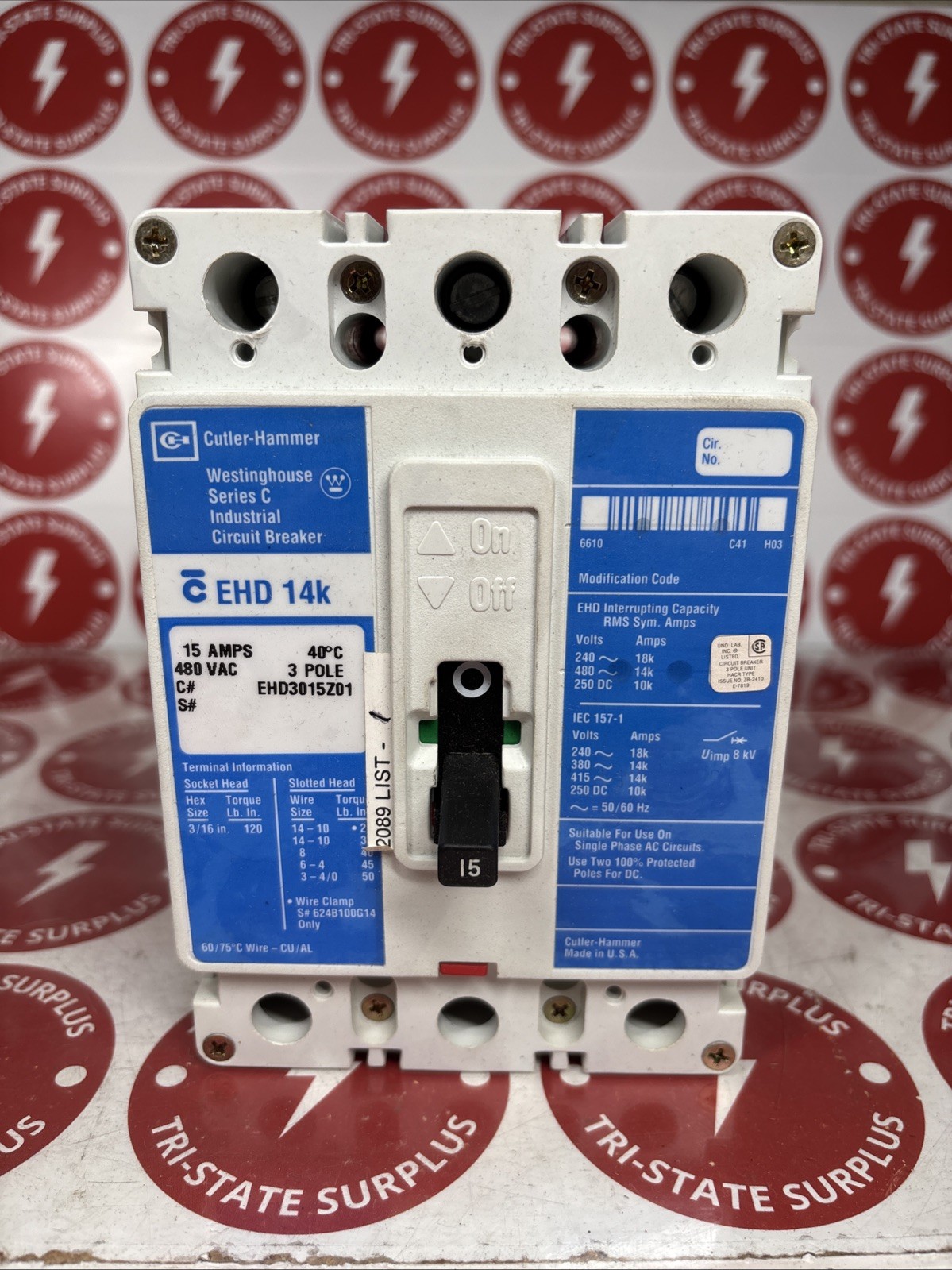Used CUTLER HAMMER EATON WESTINGHOUSE EHD EHD3015Z01 15 AMP 480V CIRCUIT BREAKER 🔴