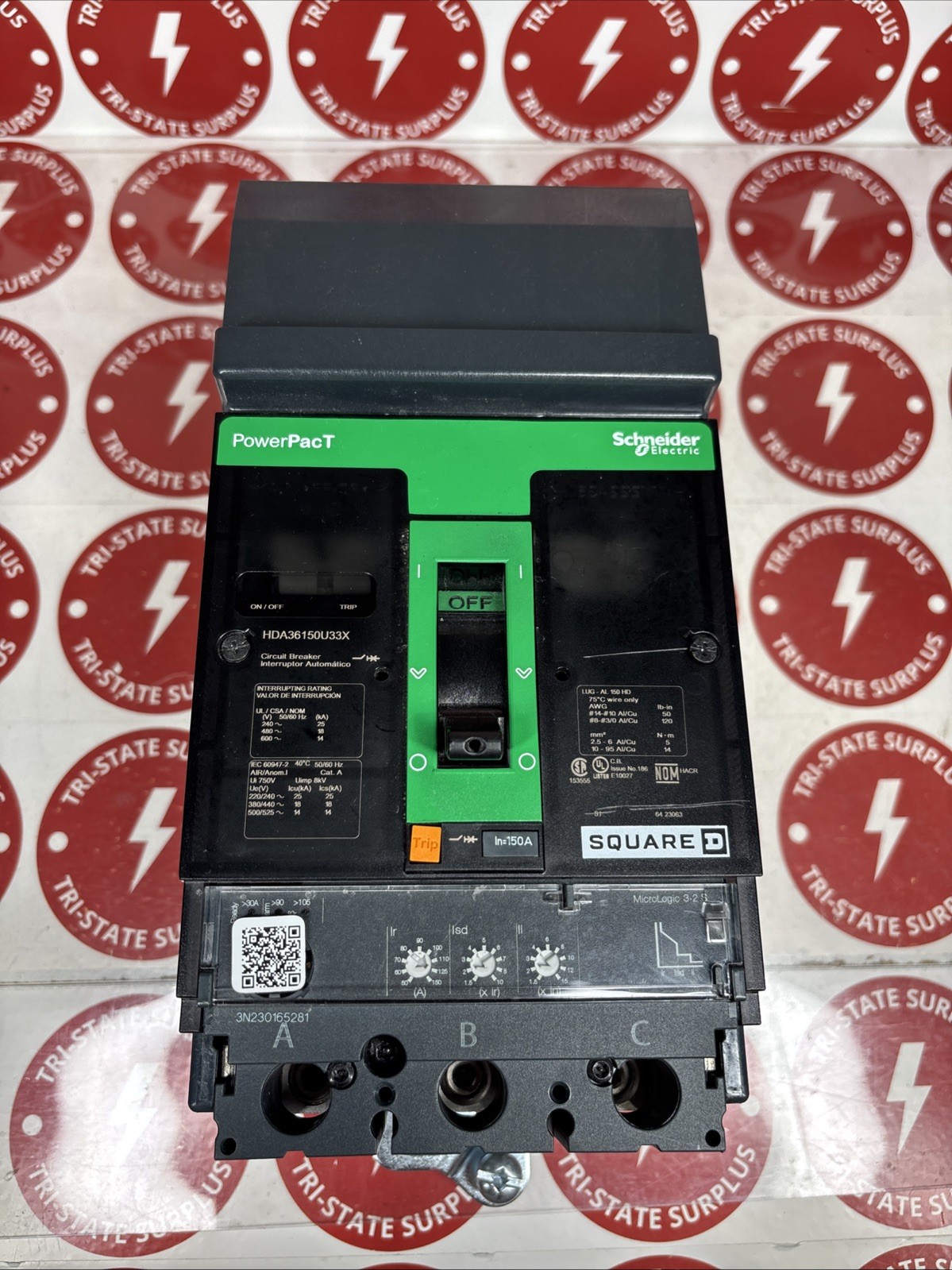 Used HDA36150U33X Square D 150 Amp 600 VAC 3 Pole PowerPact H I-Line Circuit Breaker