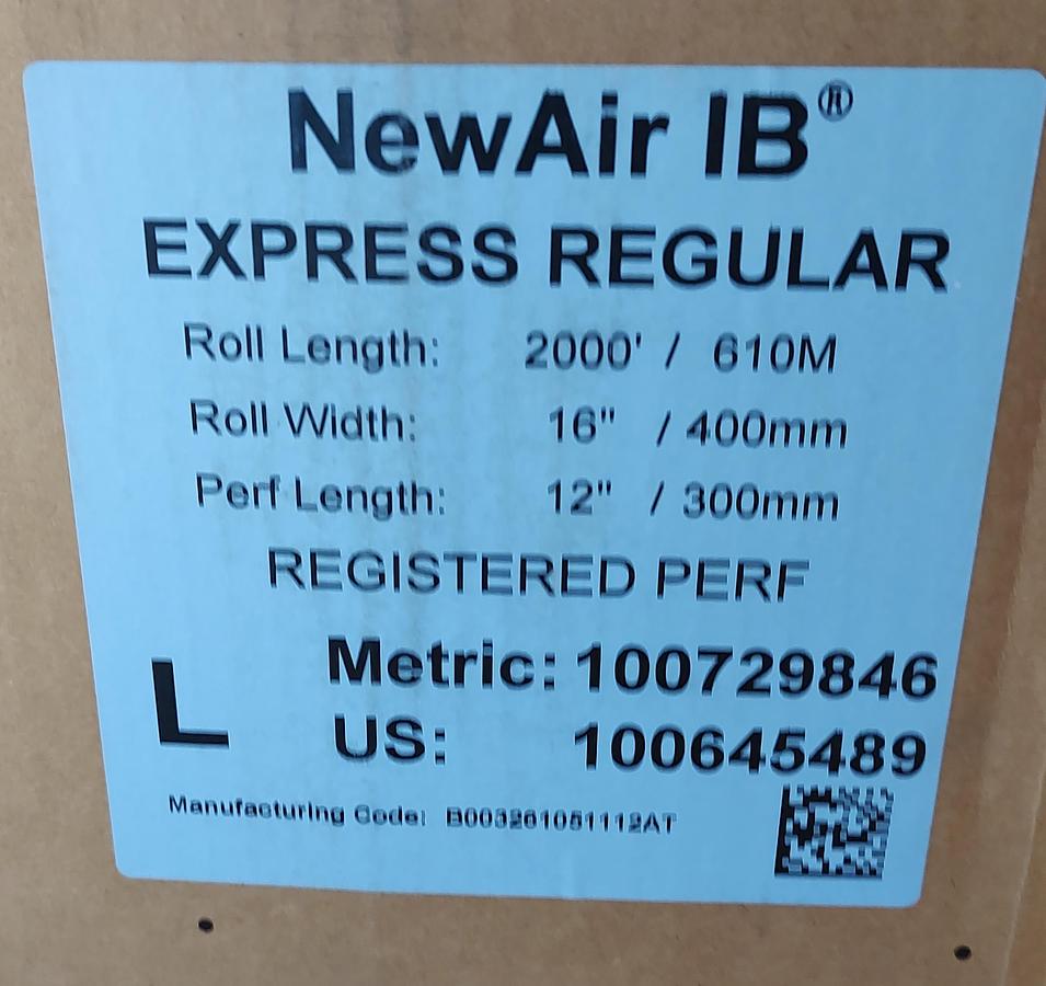 NEW LOT of 1 Sealed Air NewAir IB Express Regular FILM ROLL 2000Ft 16"W x 12" 100645489