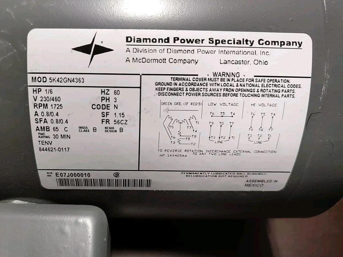 NEW Diamond Power Soot Blower Motor GE 5K42GN4363 - 1/6 HP 230/460VAC 1725rpm