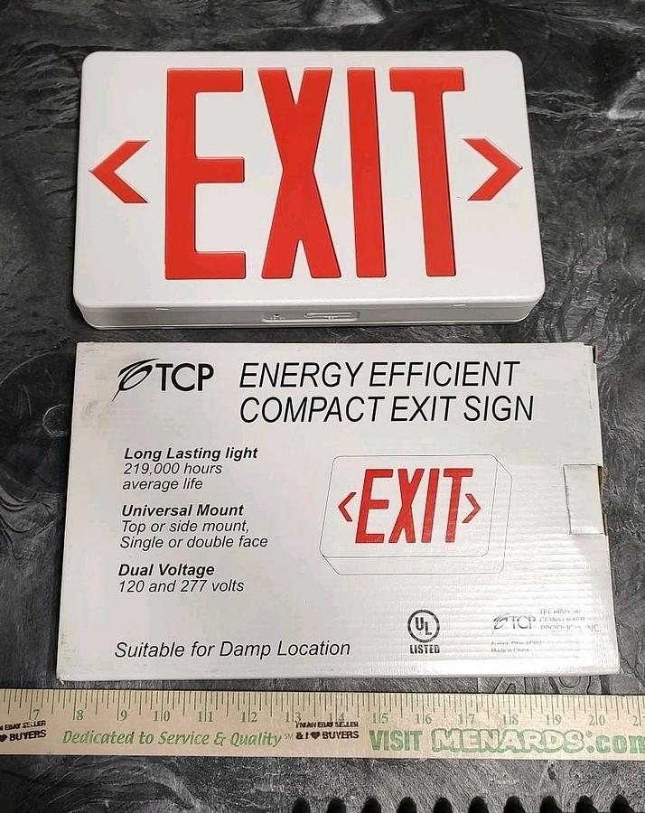 NEW TCP 22743 RED Compact LED Exit Sign Damp Locations w/ AC & DC Backup