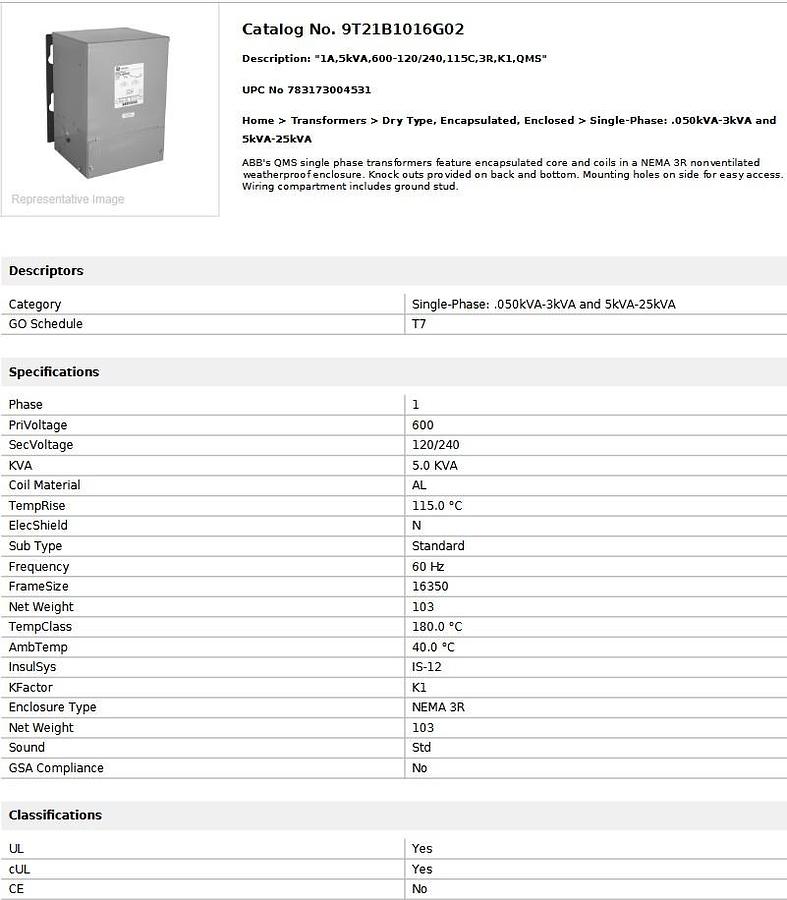  NEW ABB Dry Type Transformer 9T21B1016G02, 5KVA 600VAC Primary, 120/240VAC Secondary 