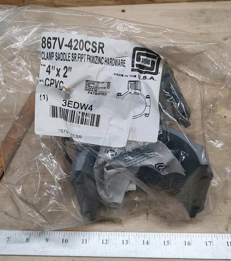 NEW Spears 867V-420CSR Clamp-on Pipe Saddle 4" Pipe X 2" NPT Outlet CPVC 3EDW4