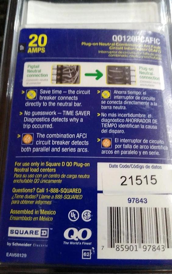 NEW & Sealed Square D QO120PCAFI 20 Amp 1 Pole "Plug On Neutral" CAFCI Breaker