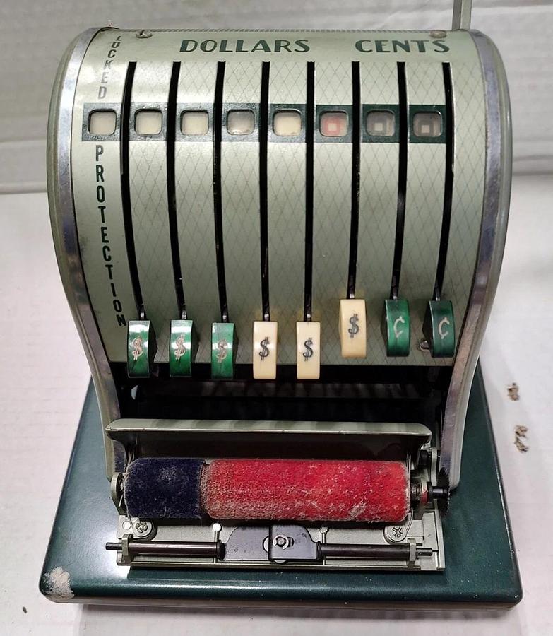 Used Vintage Paymaster Series X-2000 Check Writer Green w/Key & Cover S/N 8M31410