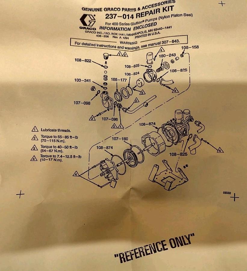 N.O.S. Graco 237014 Pump Repair Kit For Glutton M# 237008 & 237011 Bellows Pump