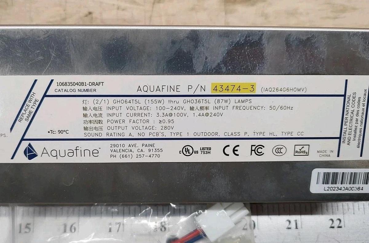 AQUAFINE 43474-3 Lamp Driver Input 100-240VAC Output 289VAC BALLAST