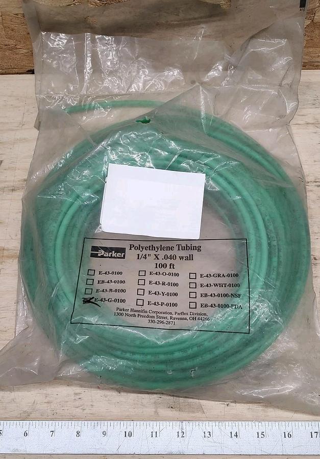 NEW Roll 100’ Parker E-43-G-0100 Polyethylene Tubing 1/4" OD X .040 Wall Green