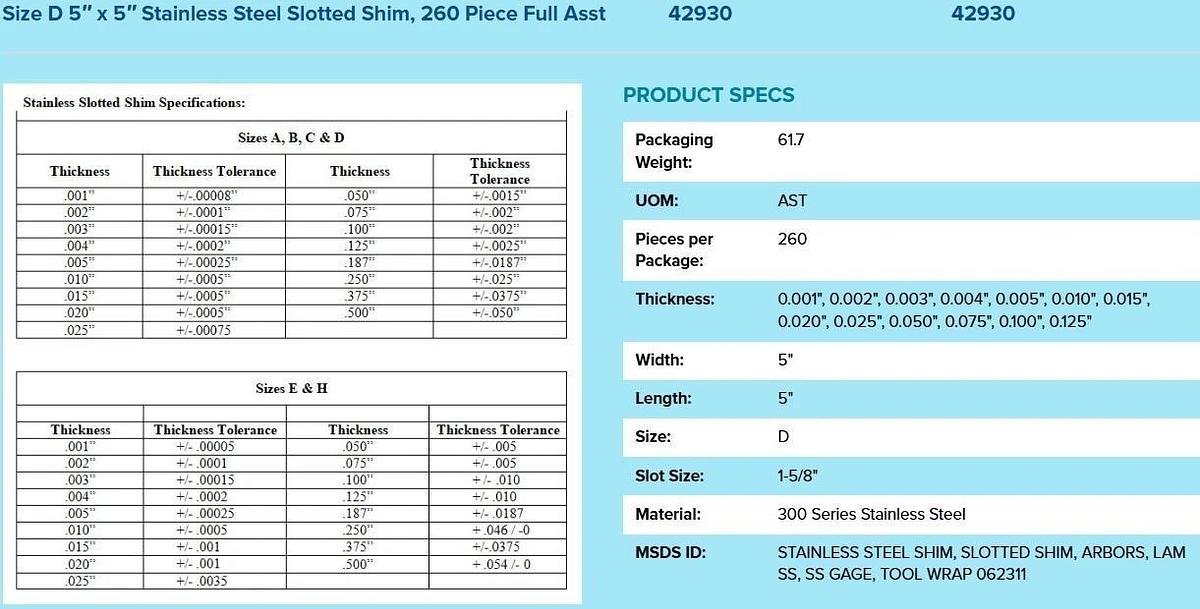 New FULL Set 260PCS Precision Brand 42930 Size D 5"x5" Slotted Shim .001-.125"