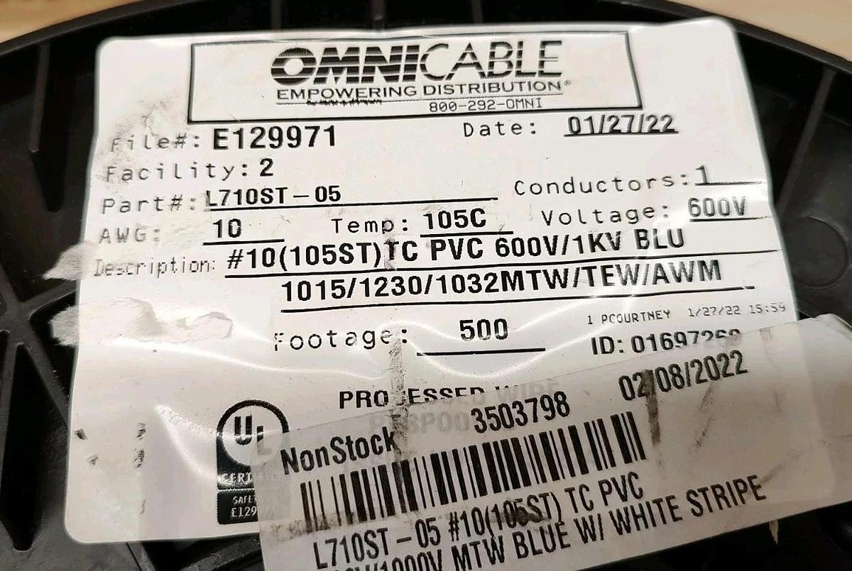 NEW 500ft Spool OmniCable L710ST-05 10 AWG Blue W/ White Stripe hook up Wire