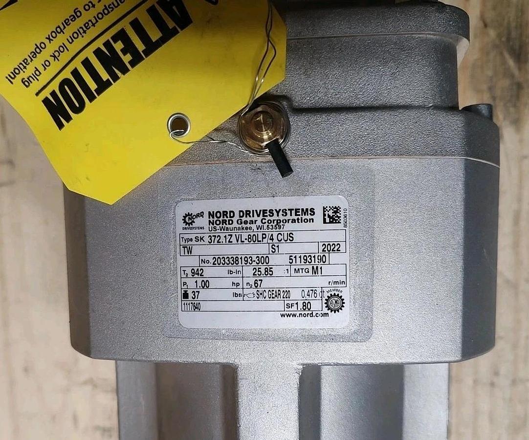 NEW Nord Gearmotor SK 372.1Z VL-80LP/4 CUS 3ph 25.85:1 1hp 203338193-300
