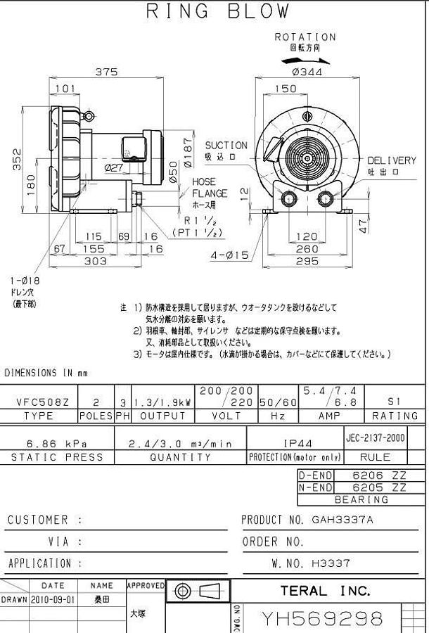 Teral Ring Blower VFC508AF 6.86 kPa 3phase, 2pole, 200-220V motor 1.5" in/out