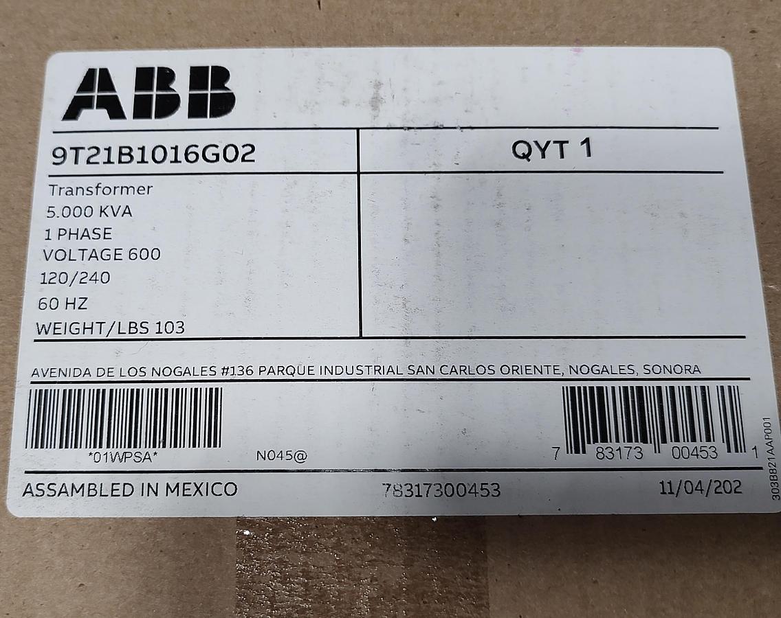  NEW ABB Dry Type Transformer 9T21B1016G02, 5KVA 600VAC Primary, 120/240VAC Secondary 