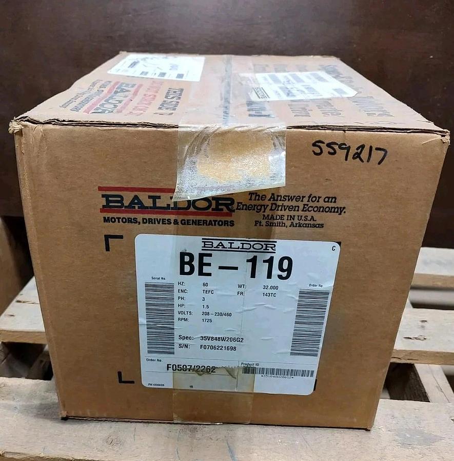 NEW Baldor BE-119 Motor 143TC 1-1/2hp 1725rpm 208-230/460VAC 35V848W206G2
