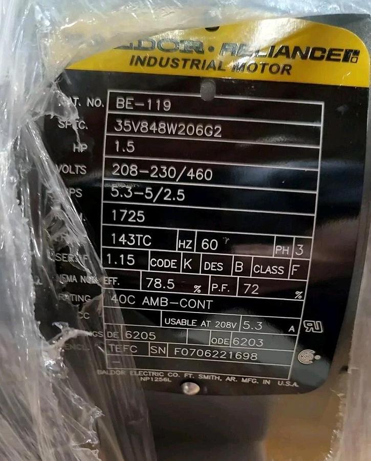 NEW Baldor BE-119 Motor 143TC 1-1/2hp 1725rpm 208-230/460VAC 35V848W206G2