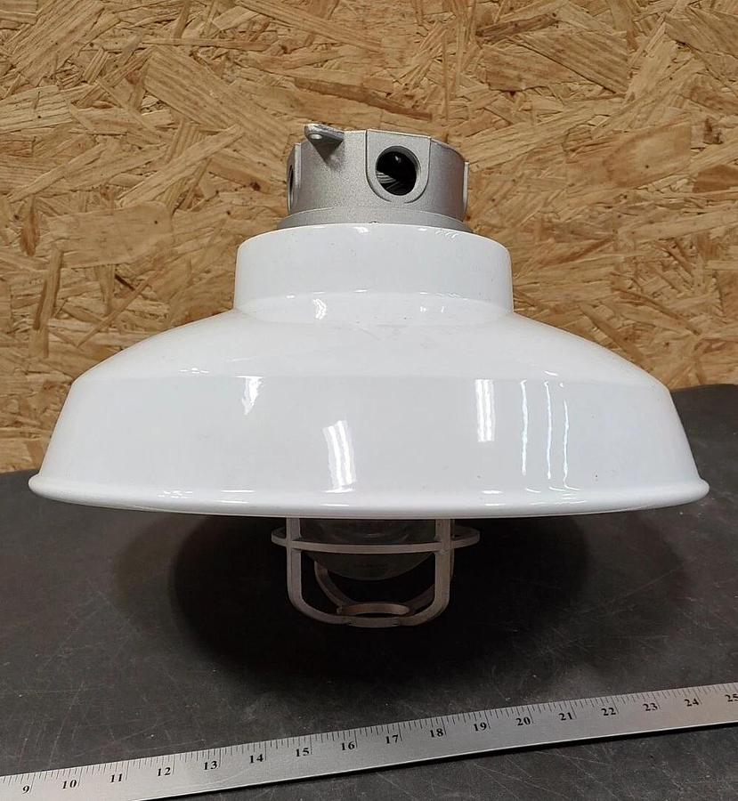 NOS 16" White Farmhouse BARN LIGHT Fixture w/Shade Jar & CAST ALUMINUM Cage