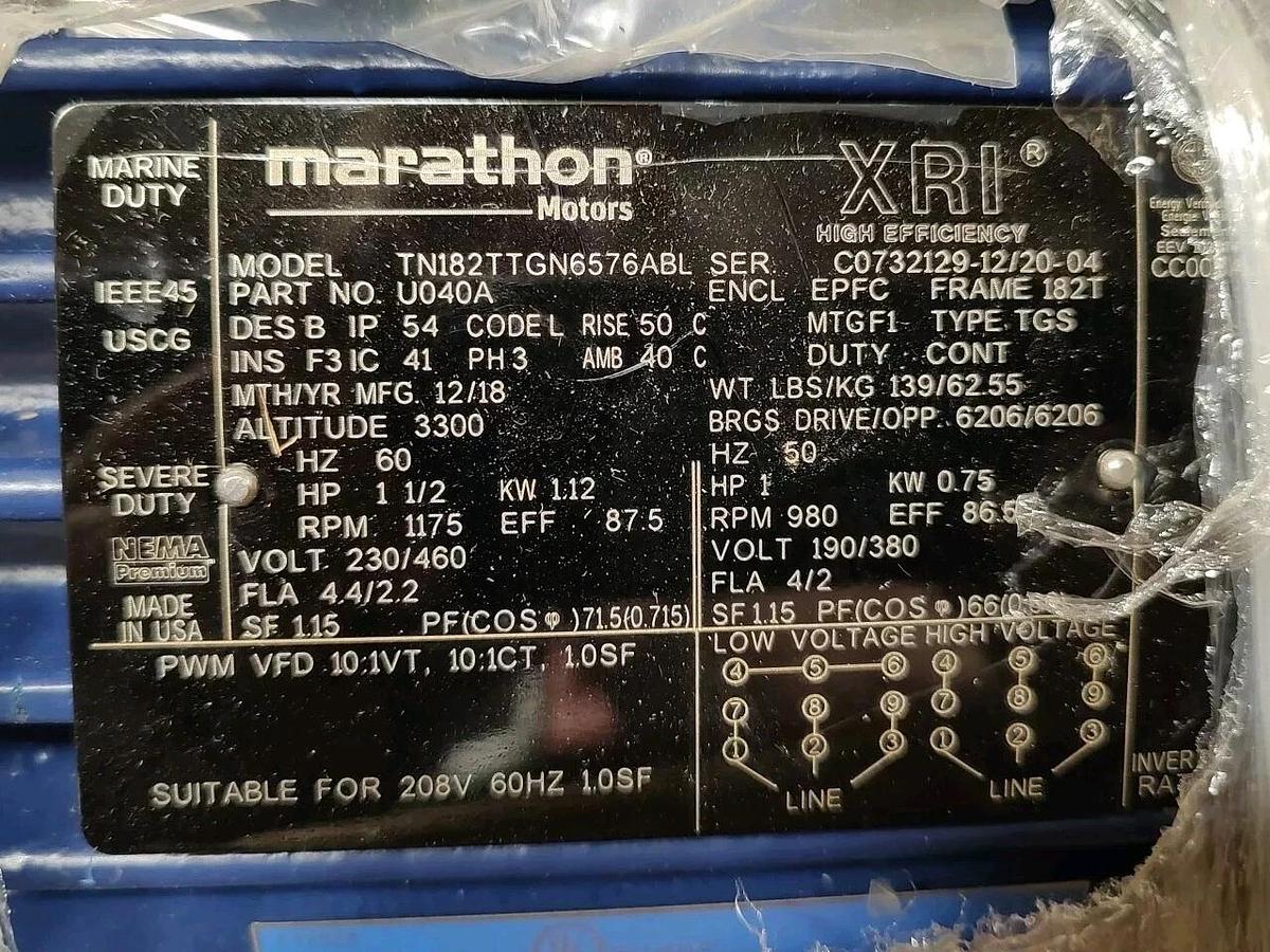 NEW Marathon 182TTGN6576 1.5HP 1765/1470 RPM 182T Frame 230/460 EPFC