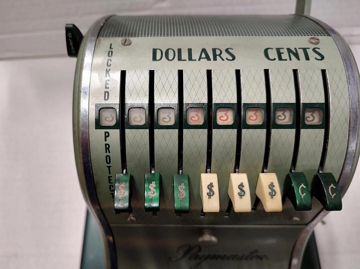 Used Vintage Paymaster Series X-2000 Check Writer Green w/Key & Cover S/N 8M31410