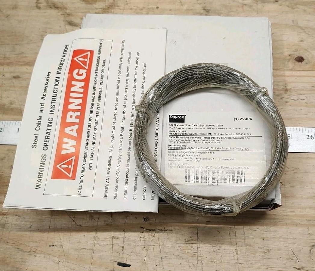 NEW Dayton 2VJP6 Vinyl Coated Stainless Steel Cable, 3/64 - 1/16, 7x7 X 100ft