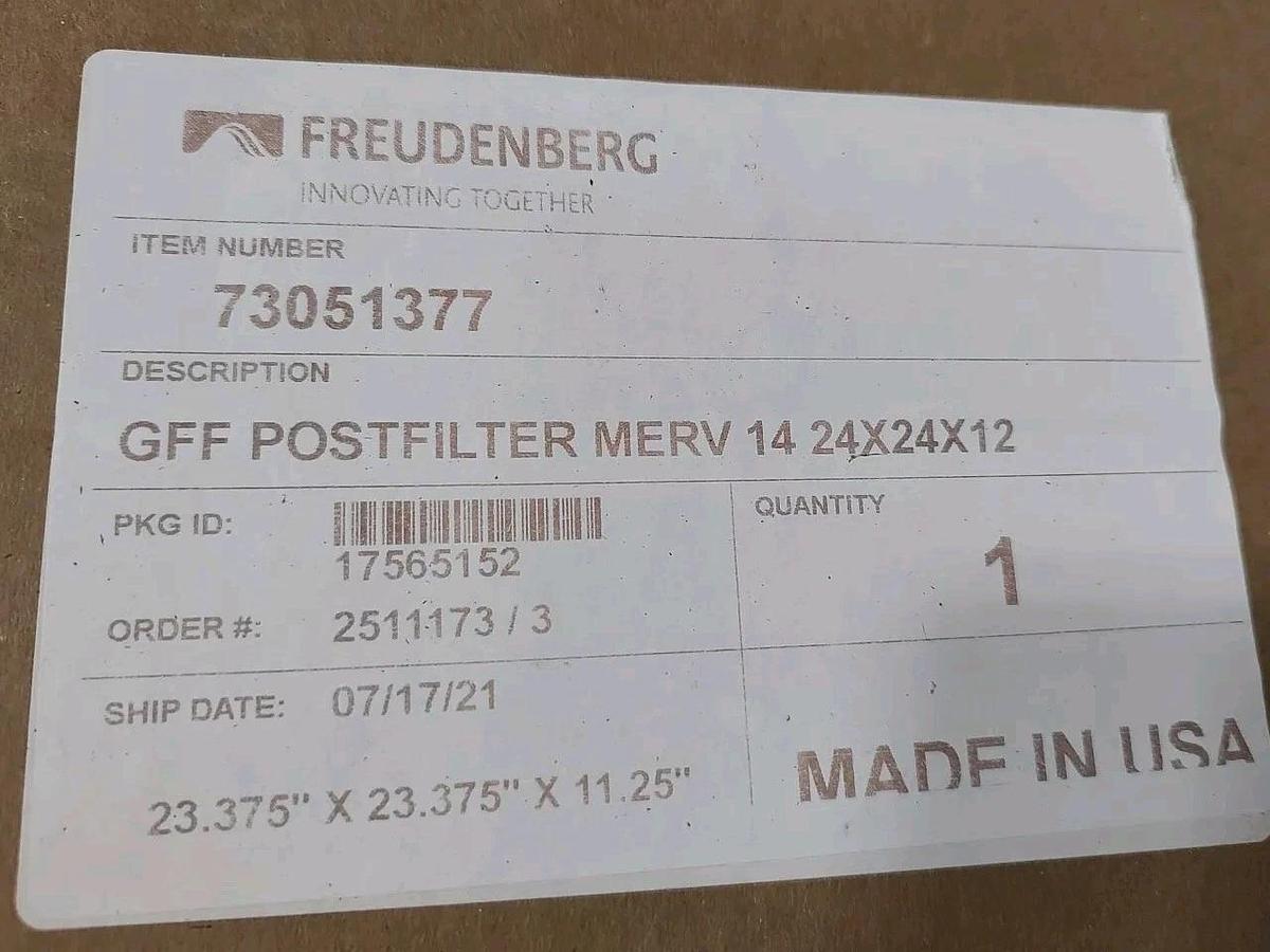 NEW Freudenberg 73051377 GFF Postfilter MERV 14 - 0.3-1 MICRON - 24x24x12